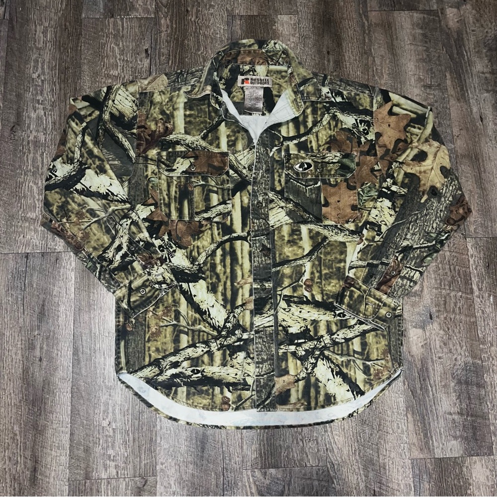 Russell‎ Outdoors Mens Medium Camo Button Up Long Sleeve Shirt Mossy Oak